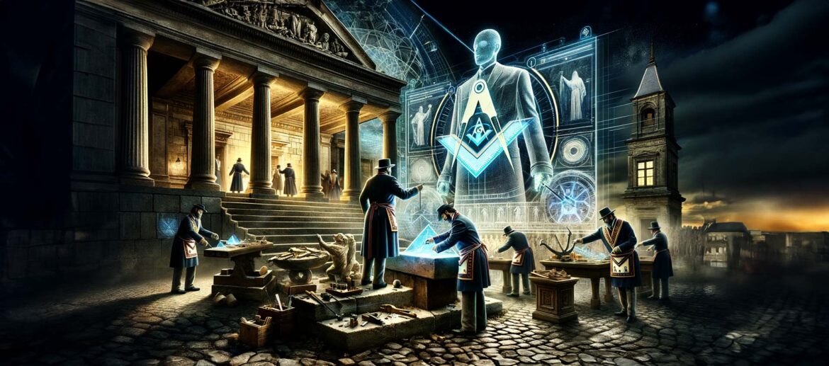 A juxtaposition of traditional stone masons and a futuristic Freemason, with holographic symbols, set against the backdrop of a classic Masonic lodge and a digitalized future.